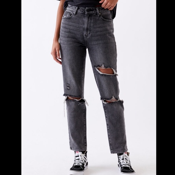 High waisted ripped mom jeans black Clearance